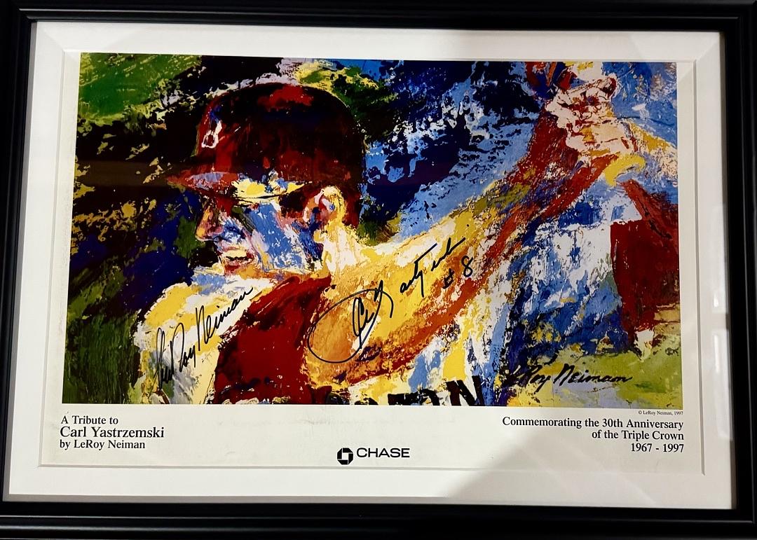 Carl Yastrzemski & LeRoy Neiman Signed Triple Crown Anniversary Framed 11x14 Red Sox Print Beckett COA w/full letter of authenticity.